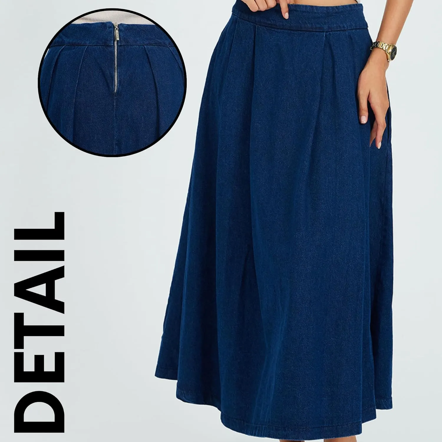 Denim Skirt for Women | Pleated Long High-Waisted Denim Skirts | Modest Women's Clothing