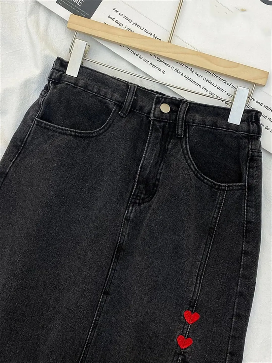 Denim Skirt Women Korean High Waisted Embroidered A-Line Midlength Skirt Summer Denim Skirt