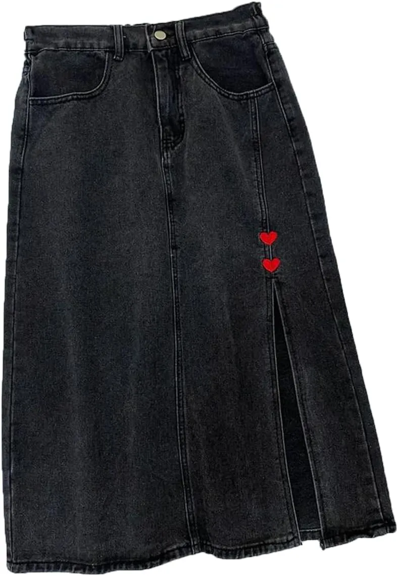 Denim Skirt Women Korean High Waisted Embroidered A-Line Midlength Skirt Summer Denim Skirt