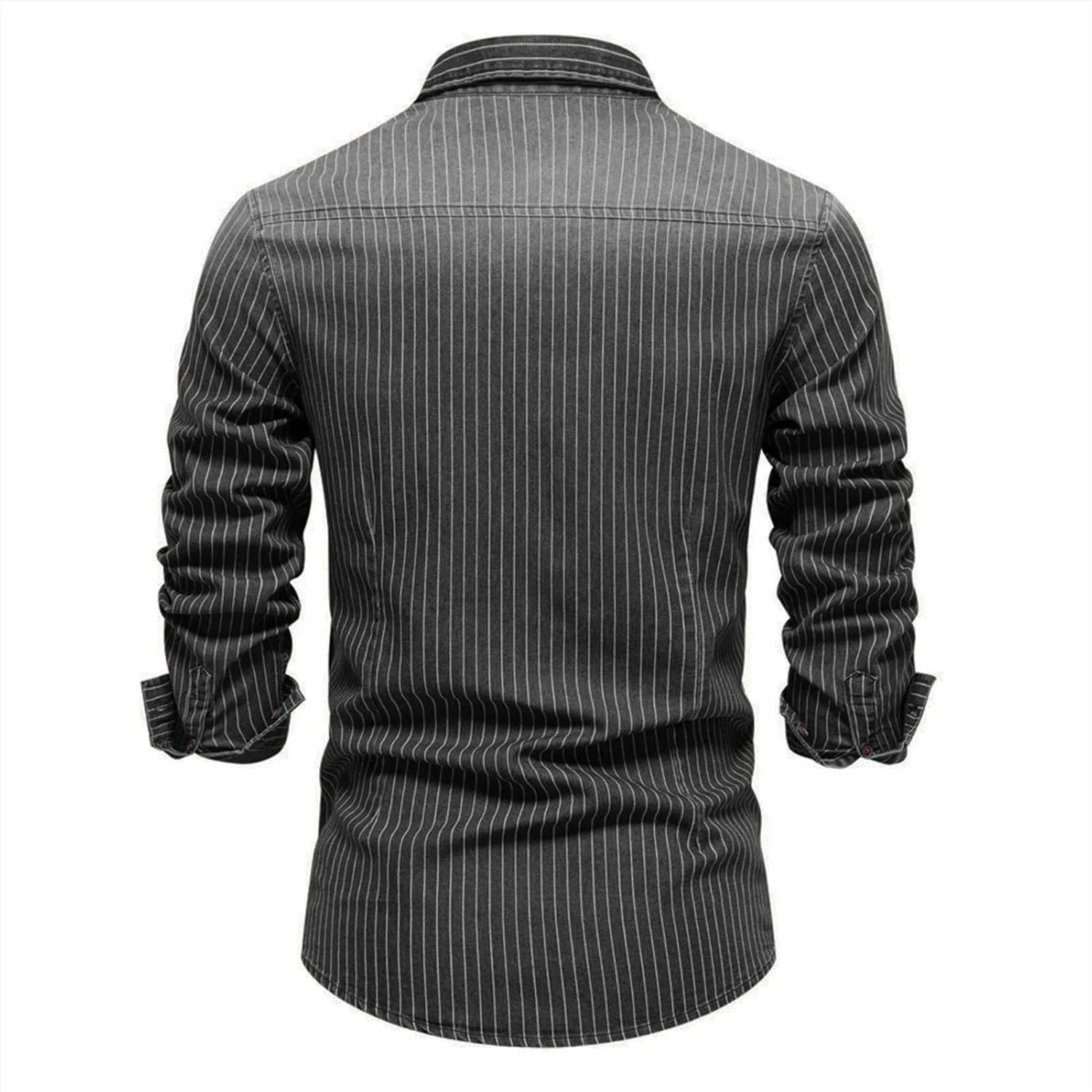 DGHM-JLMY Men's Washed Old Striped Denim Shirts Regular-Fit Long-Sleeve Denim Shirt Casual Denim Button Down Shirt