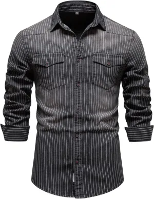 DGHM-JLMY Men's Washed Old Striped Denim Shirts Regular-Fit Long-Sleeve Denim Shirt Casual Denim Button Down Shirt