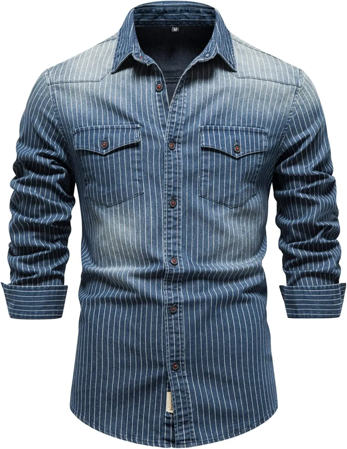 DGHM-JLMY Men's Washed Old Striped Denim Shirts Regular-Fit Long-Sleeve Denim Shirt Casual Denim Button Down Shirt