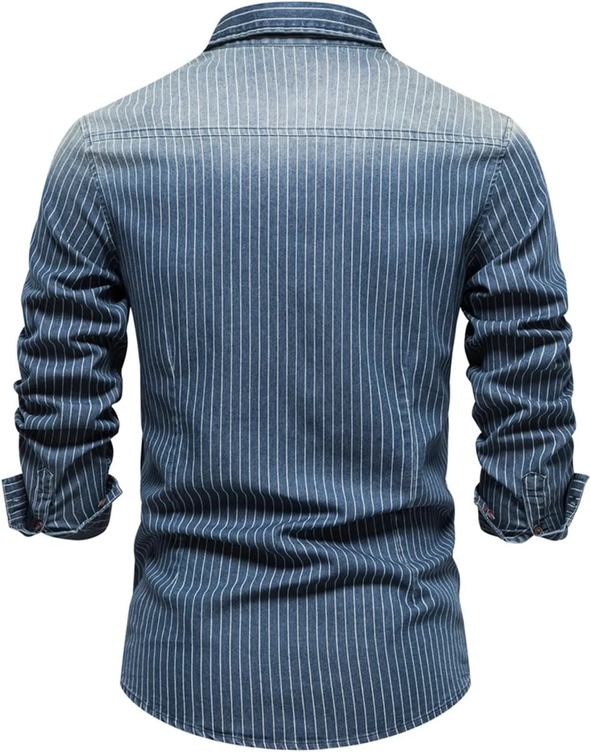 DGHM-JLMY Men's Washed Old Striped Denim Shirts Regular-Fit Long-Sleeve Denim Shirt Casual Denim Button Down Shirt