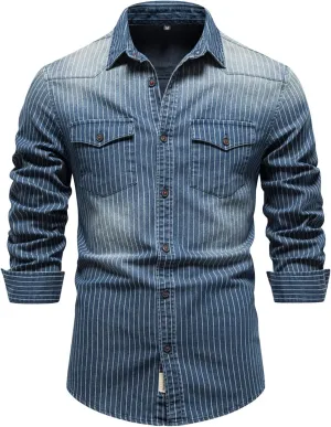 DGHM-JLMY Men's Washed Old Striped Denim Shirts Regular-Fit Long-Sleeve Denim Shirt Casual Denim Button Down Shirt