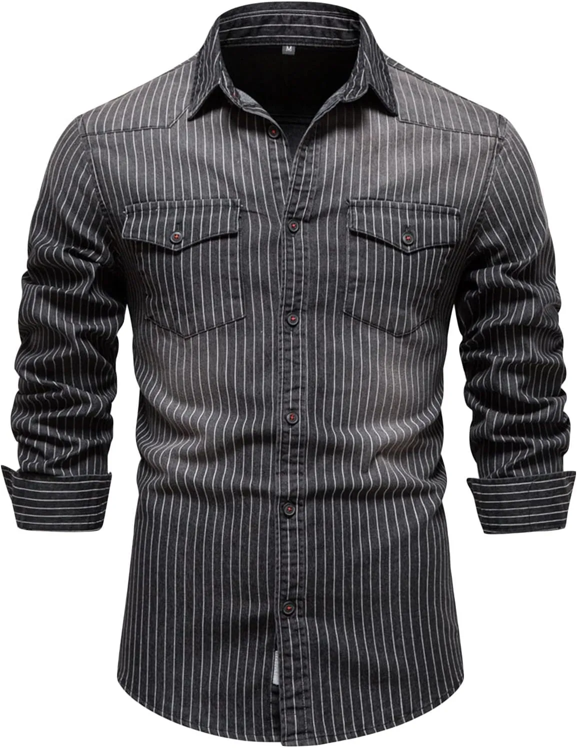 DGHM-JLMY Men's Washed Old Striped Denim Shirts Regular-Fit Long-Sleeve Denim Shirt Casual Denim Button Down Shirt