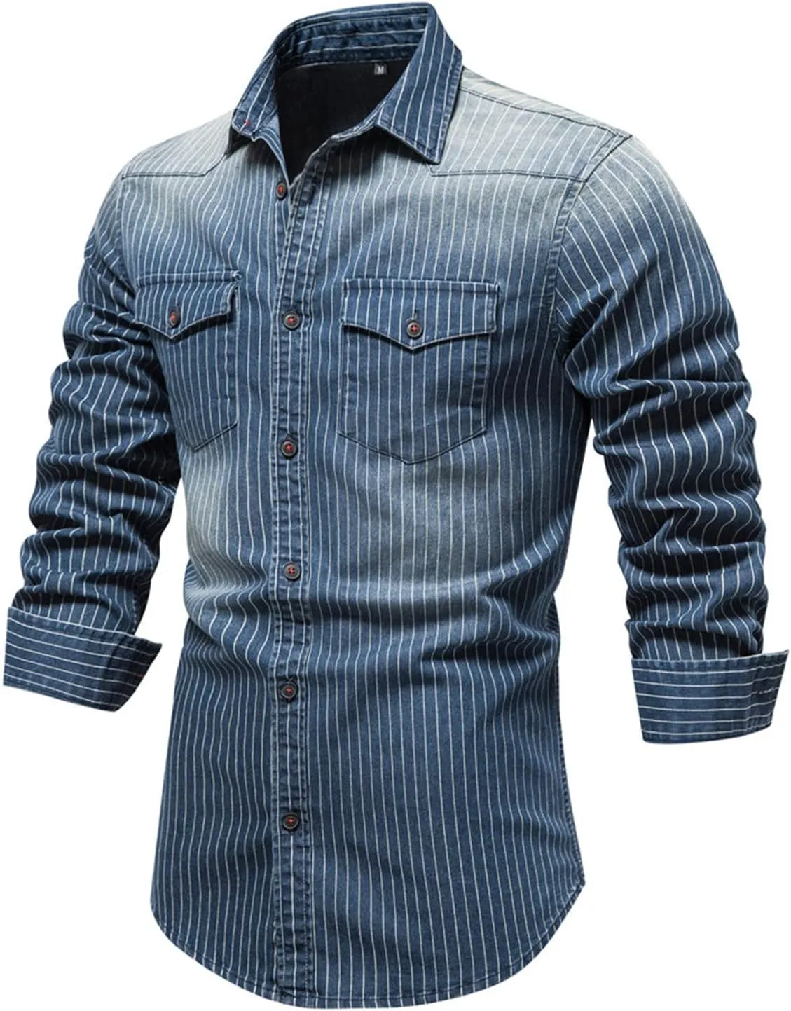 DGHM-JLMY Men's Washed Old Striped Denim Shirts Regular-Fit Long-Sleeve Denim Shirt Casual Denim Button Down Shirt
