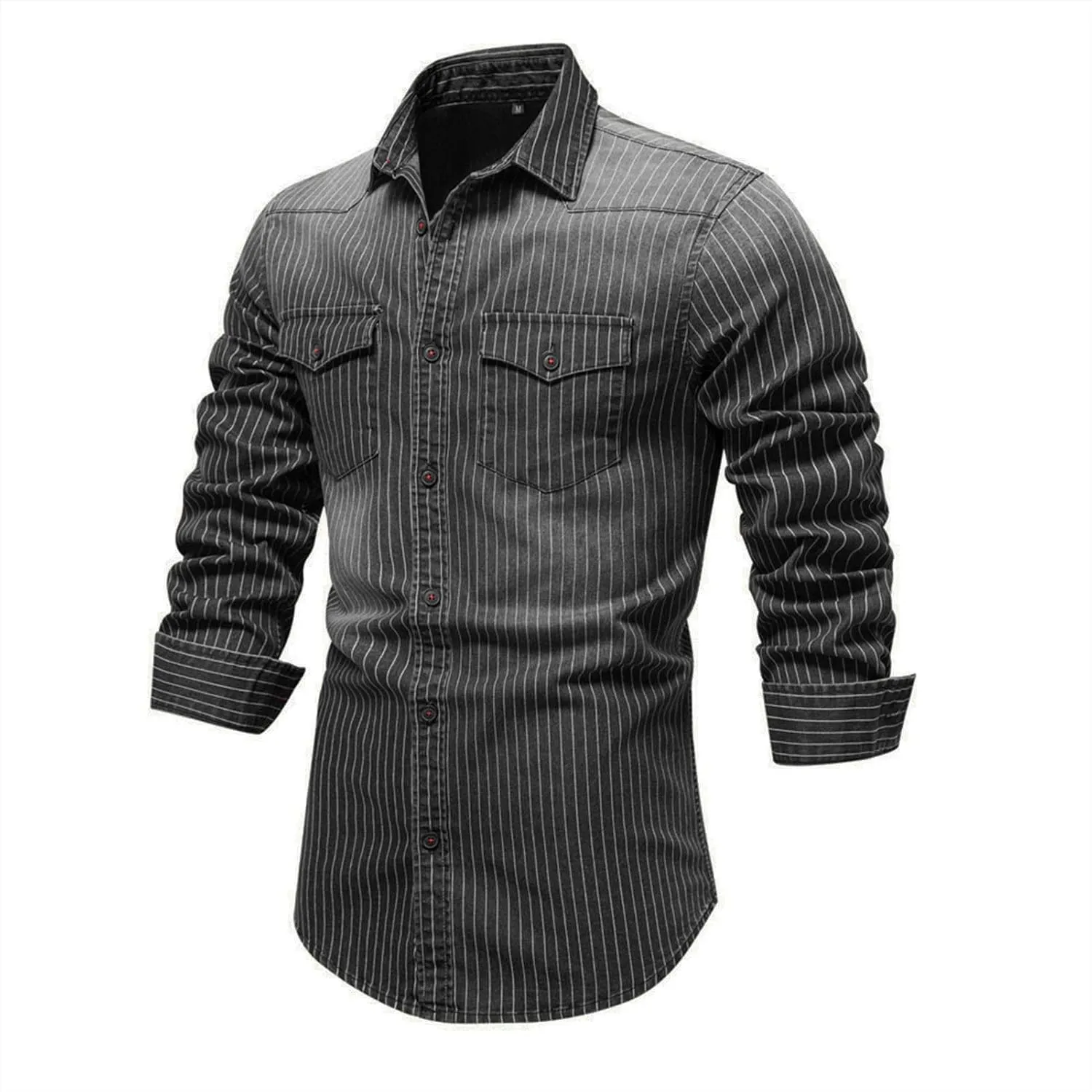 DGHM-JLMY Men's Washed Old Striped Denim Shirts Regular-Fit Long-Sleeve Denim Shirt Casual Denim Button Down Shirt
