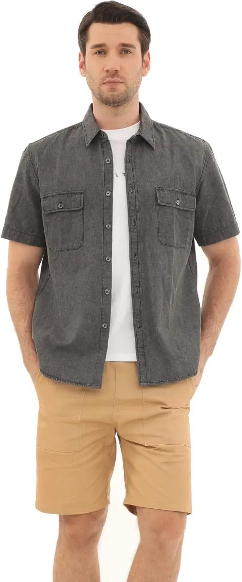 DubinikMens Short Sleeve Button Down Shirts Denim Short Sleeve Shirt Men Two Pocket Western Soft Work Casual Denim Shirt