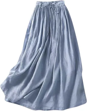 Embroidery Maxi Skirts for Women with Pockets Midi Length Long Skirt Casual Beach Party Holiday Cotton Linen Skirt