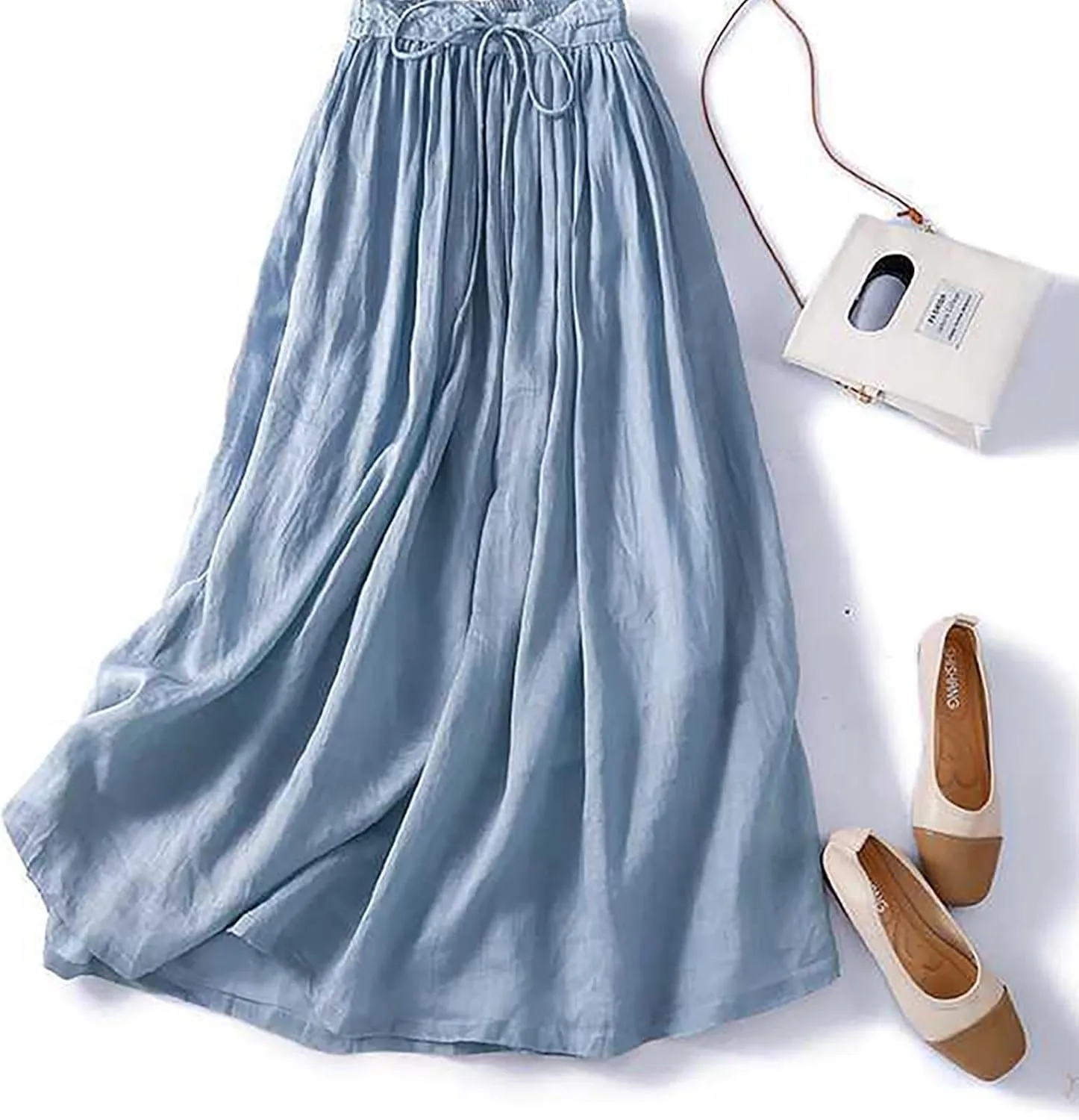 Embroidery Maxi Skirts for Women with Pockets Midi Length Long Skirt Casual Beach Party Holiday Cotton Linen Skirt
