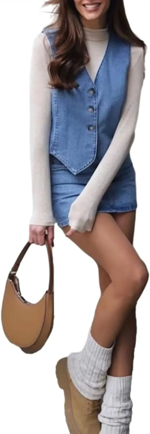 Faretumiya Women Denim Vest Button Down Sleevelss Crop Top Y2k Jean Waistcoat Jacket Slim Fit Going Out Fashion Vest