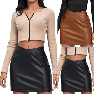Faux Leather Skorts for Women High Waisted PU Leather Zipper Mini Short Bodycon Skirts for Winter Fall Spring