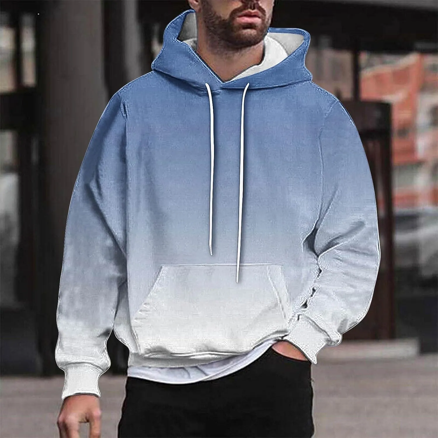 Finelylove Hoodies for Men Loose Fit Gradient Hoodies Pullover Long Sleeve Hooded Collar Drawstring Casual Sweatshirt