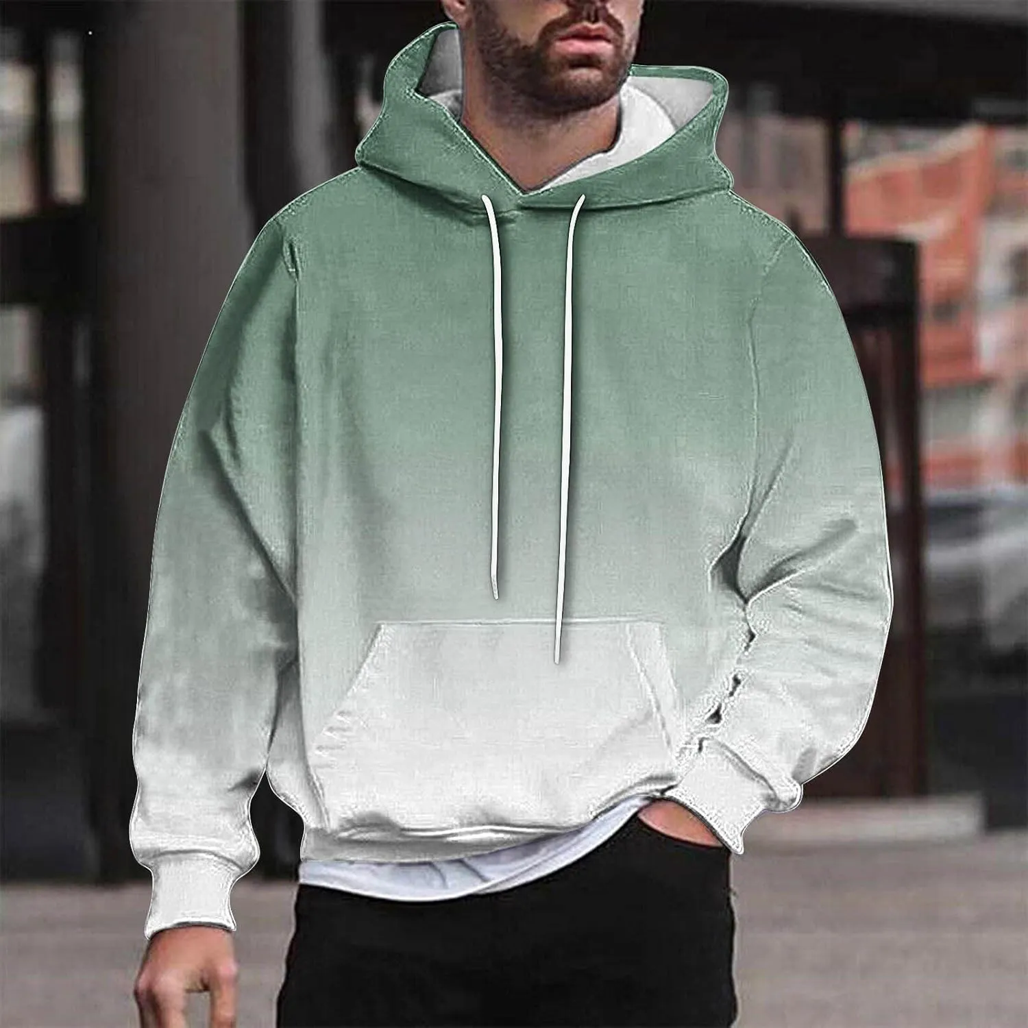Finelylove Hoodies for Men Loose Fit Gradient Hoodies Pullover Long Sleeve Hooded Collar Drawstring Casual Sweatshirt