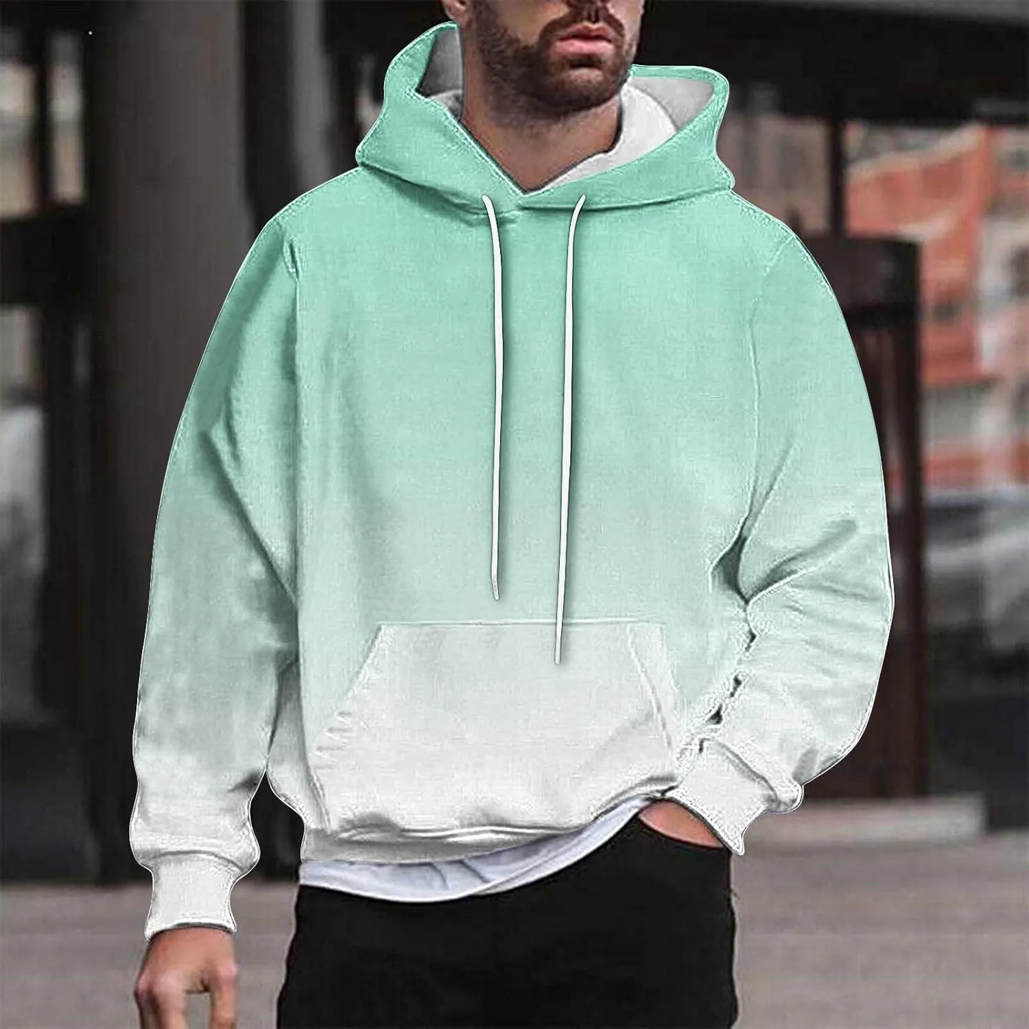 Finelylove Hoodies for Men Loose Fit Gradient Hoodies Pullover Long Sleeve Hooded Collar Drawstring Casual Sweatshirt