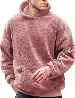 Finelylove Mens Fuzzy Sherpa Hoodies Pullover Oversized Cozy Warm Fleece Hooded Sweatshirt Fluffy Winter Outwear with Pocket