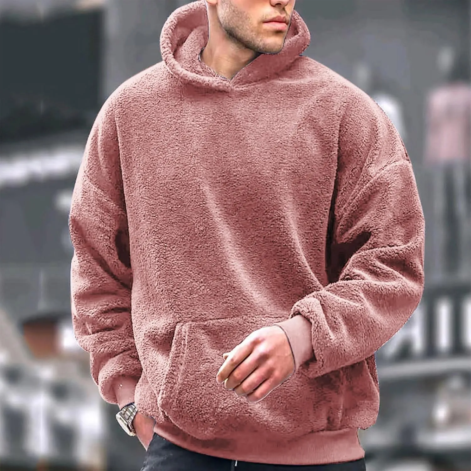Finelylove Mens Fuzzy Sherpa Hoodies Pullover Oversized Cozy Warm Fleece Hooded Sweatshirt Fluffy Winter Outwear with Pocket