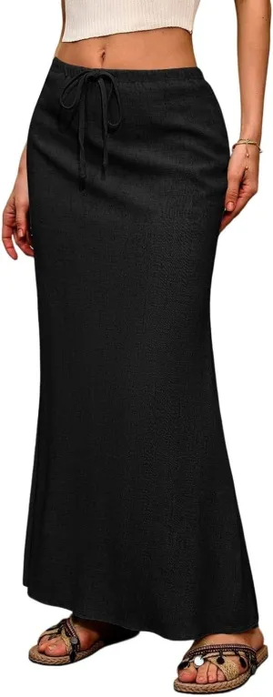 Flared Maxi Skirt for Women Summer Comfortable Drawstring High Waisted Skort Casual Solid Color A Line Beach Skirts