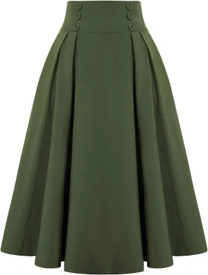 Flowy Pleated Midi Skirt for Women Elastic High Waist Summer Solid Color Retro Skirts Elegant Party Skirt