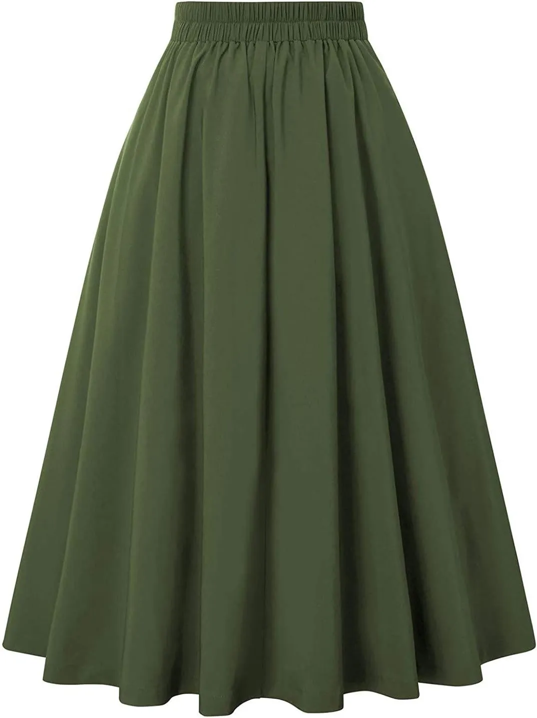 Flowy Pleated Midi Skirt for Women Elastic High Waist Summer Solid Color Retro Skirts Elegant Party Skirt
