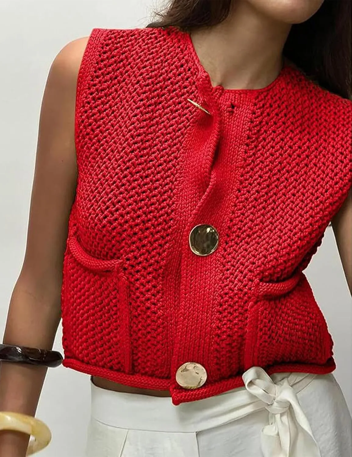Flygo Womens Crochet Sweater Vest Sleeveless 2025 Trendy Spring Summer Tops Button Crop Chunky Knit Sweaters Cardigan