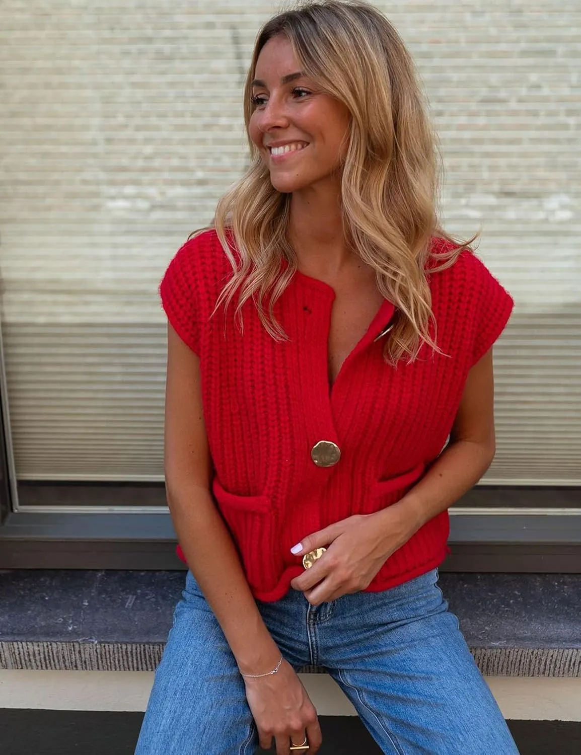 Flygo Womens Crochet Sweater Vest Sleeveless 2025 Trendy Spring Summer Tops Button Crop Chunky Knit Sweaters Cardigan