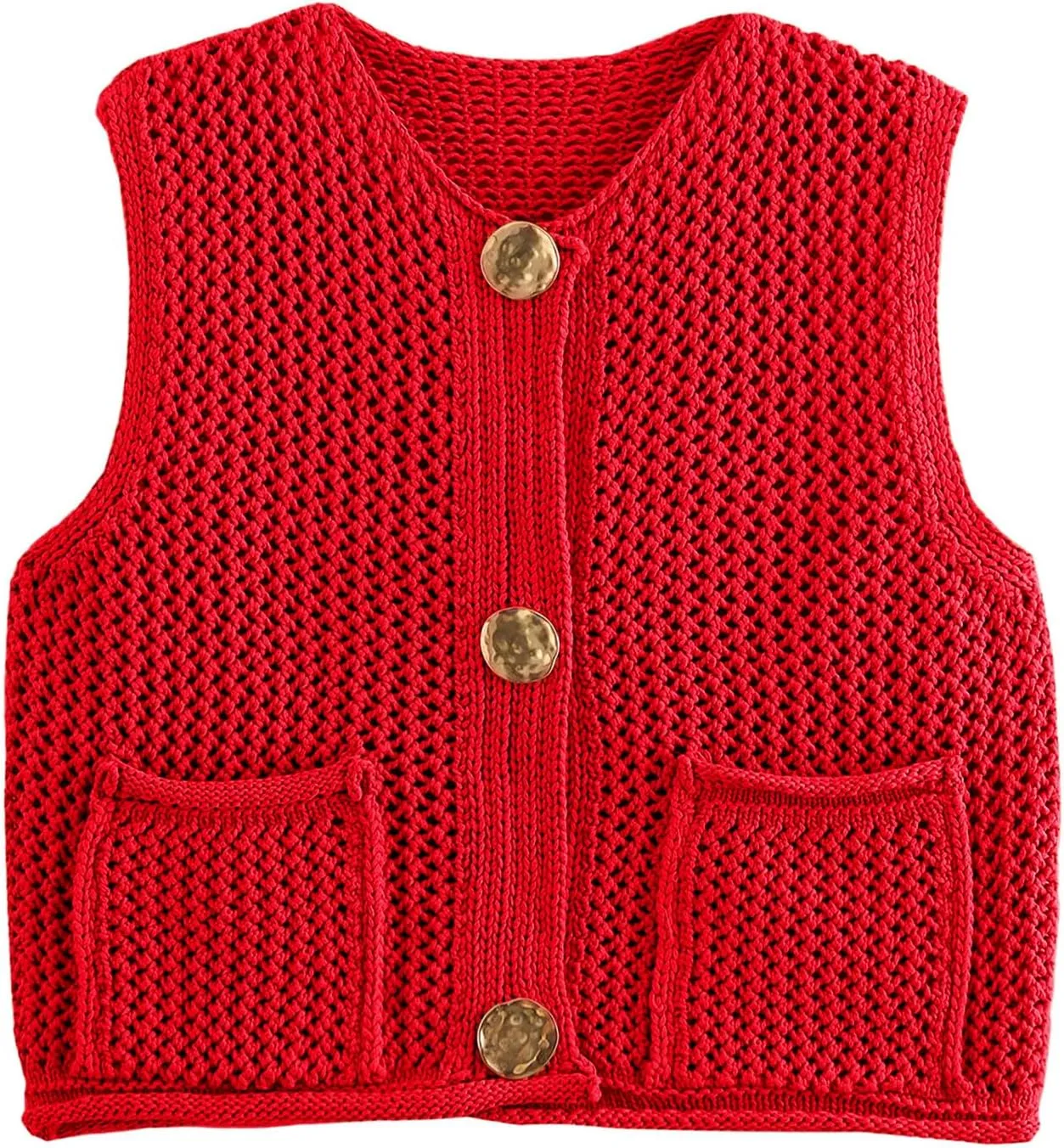 Flygo Womens Crochet Sweater Vest Sleeveless 2025 Trendy Spring Summer Tops Button Crop Chunky Knit Sweaters Cardigan