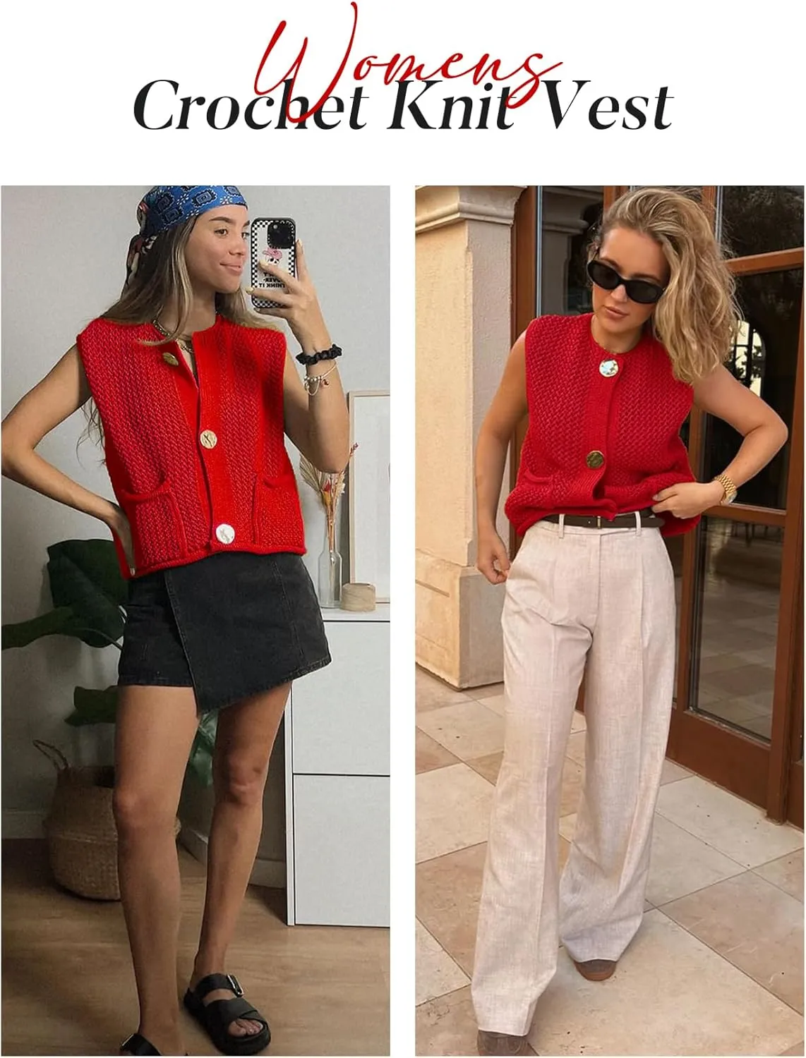 Flygo Womens Crochet Sweater Vest Sleeveless 2025 Trendy Spring Summer Tops Button Crop Chunky Knit Sweaters Cardigan