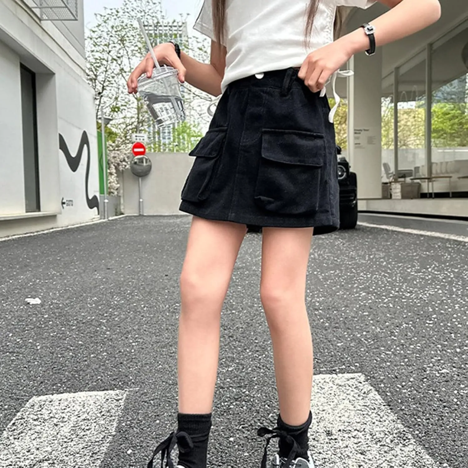 Girls Cargo Skort Elastic High Waisted Stretchy Denim Skirt Y2K Muti-Pockets Casual Jean Shorts for Preppy Teens