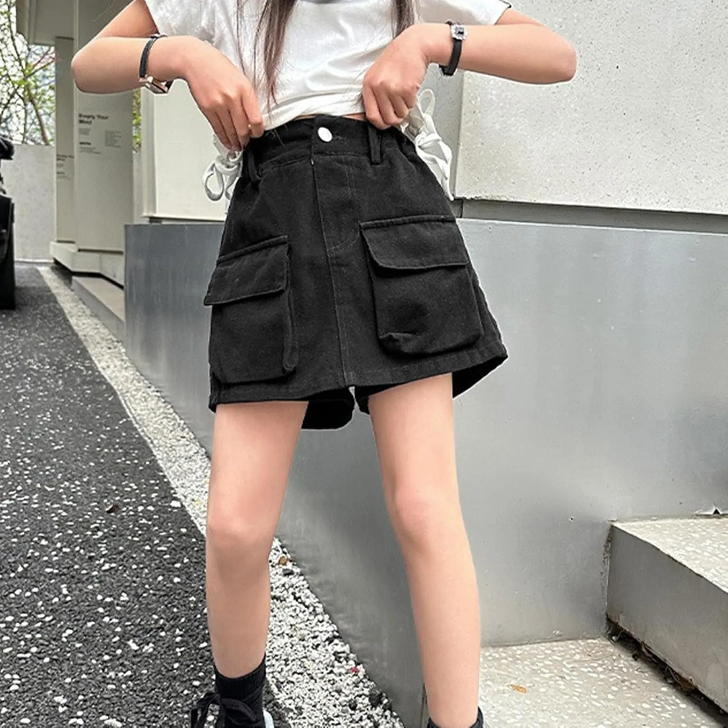 Girls Cargo Skort Elastic High Waisted Stretchy Denim Skirt Y2K Muti-Pockets Casual Jean Shorts for Preppy Teens