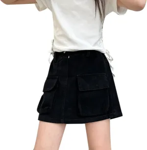 Girls Cargo Skort Elastic High Waisted Stretchy Denim Skirt Y2K Muti-Pockets Casual Jean Shorts for Preppy Teens