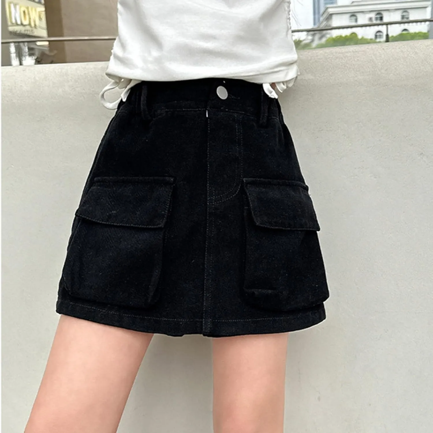 Girls Cargo Skort Elastic High Waisted Stretchy Denim Skirt Y2K Muti-Pockets Casual Jean Shorts for Preppy Teens
