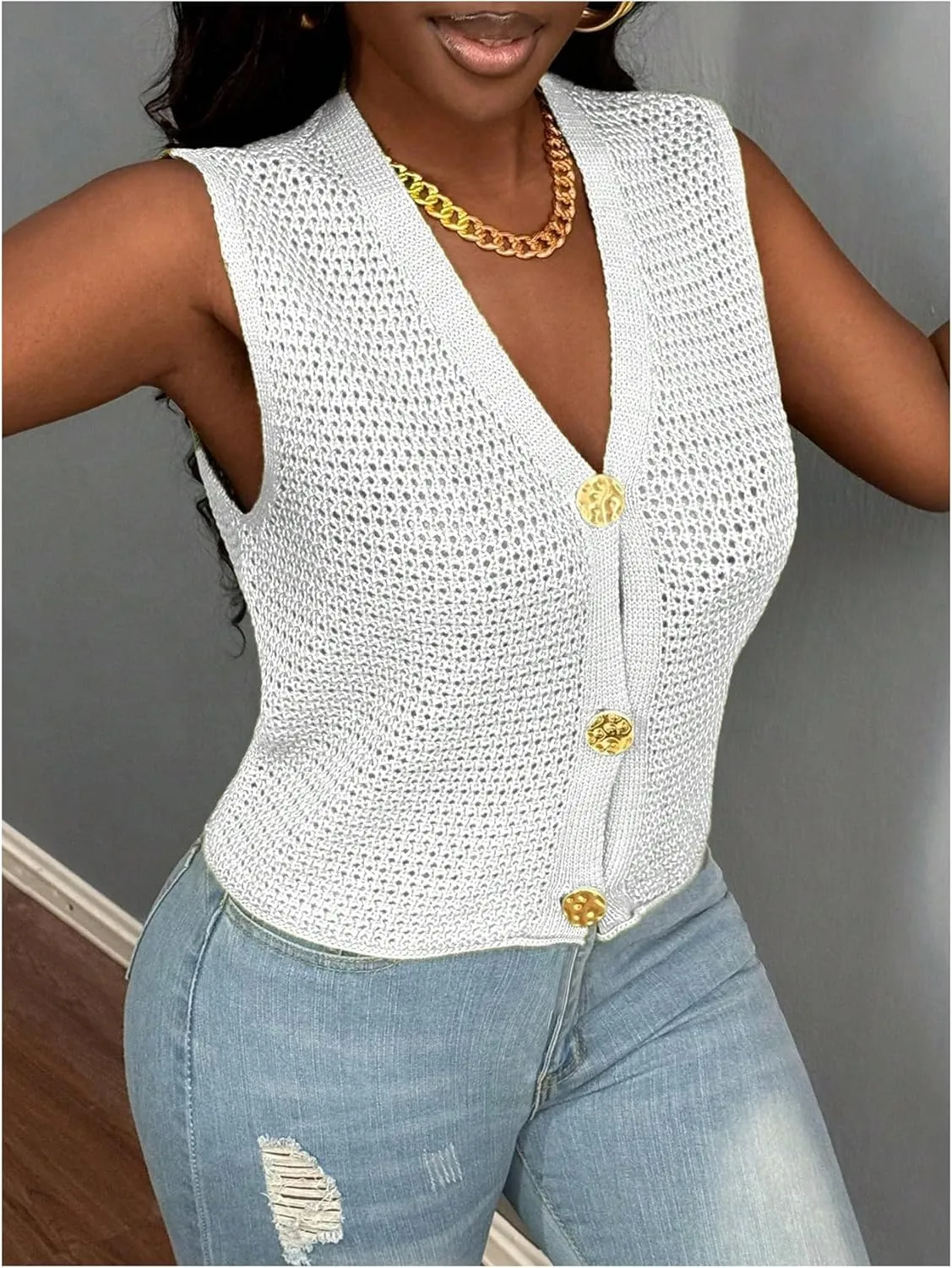GORGLITTER Women's Crochet Vest Tops Sleeveless Knit Lightweight Cardigan Dressy Casual Chunky V Neck Button Knit Tops