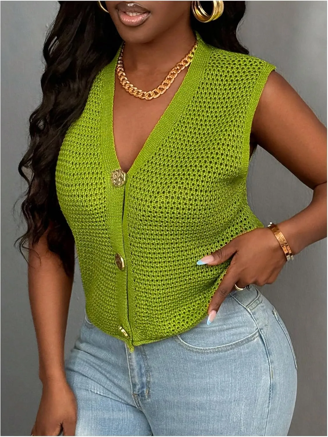 GORGLITTER Women's Crochet Vest Tops Sleeveless Knit Lightweight Cardigan Dressy Casual Chunky V Neck Button Knit Tops