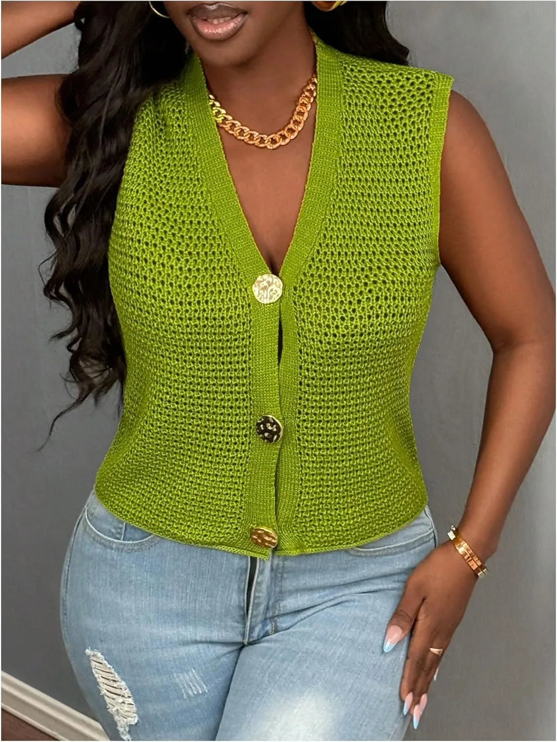 GORGLITTER Women's Crochet Vest Tops Sleeveless Knit Lightweight Cardigan Dressy Casual Chunky V Neck Button Knit Tops