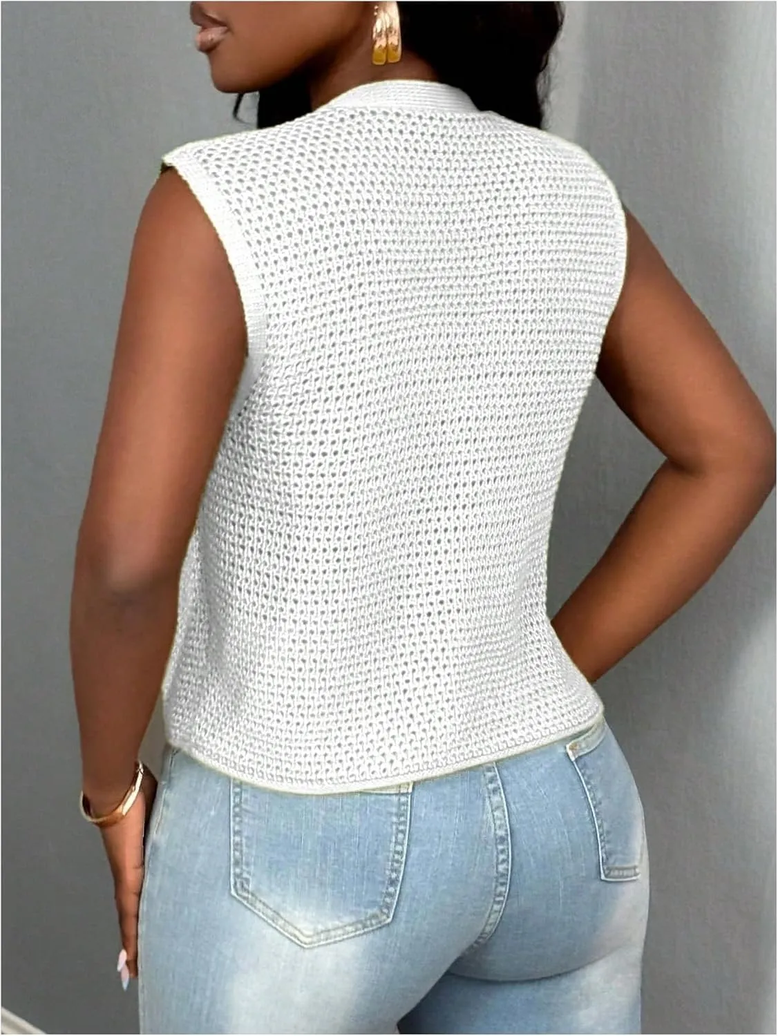 GORGLITTER Women's Crochet Vest Tops Sleeveless Knit Lightweight Cardigan Dressy Casual Chunky V Neck Button Knit Tops