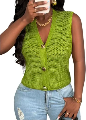 GORGLITTER Women's Crochet Vest Tops Sleeveless Knit Lightweight Cardigan Dressy Casual Chunky V Neck Button Knit Tops