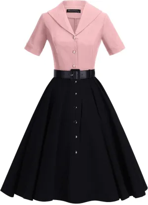 GownTown 1950 Women Dress Midi Shirt Dress Cocktail Dress with Belt