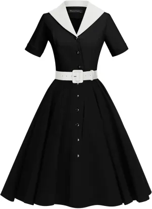 GownTown 1950 Women Dress Midi Shirt Dress Cocktail Dress with Belt