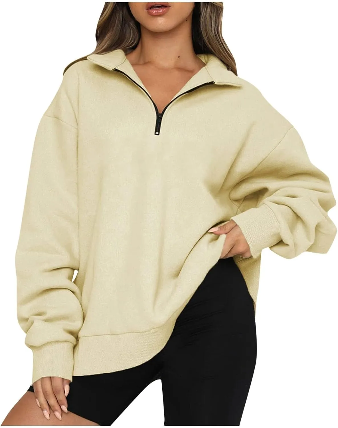 Half Zip Sweatshirt for Women 2024 Fall Winter Loose Fit Hoodie Comfy Outewear Crewneck Outfit Long Sleeve Pullover