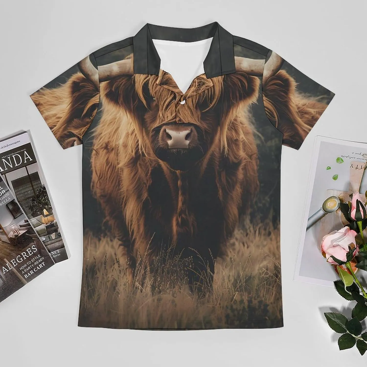 Highland Cow Men's Polo Shirt Short Sleeve Print T Shirt Slim Fit Golf Shirt Collared Tee Casual Top