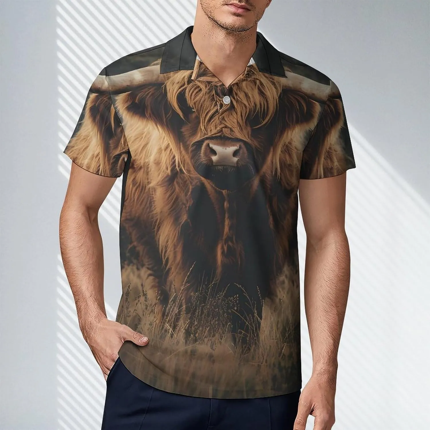 Highland Cow Men's Polo Shirt Short Sleeve Print T Shirt Slim Fit Golf Shirt Collared Tee Casual Top