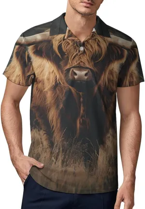Highland Cow Men's Polo Shirt Short Sleeve Print T Shirt Slim Fit Golf Shirt Collared Tee Casual Top