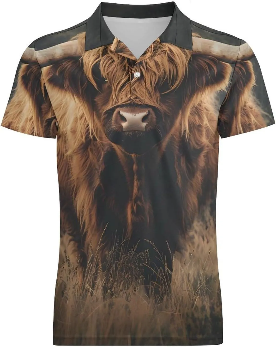 Highland Cow Men's Polo Shirt Short Sleeve Print T Shirt Slim Fit Golf Shirt Collared Tee Casual Top