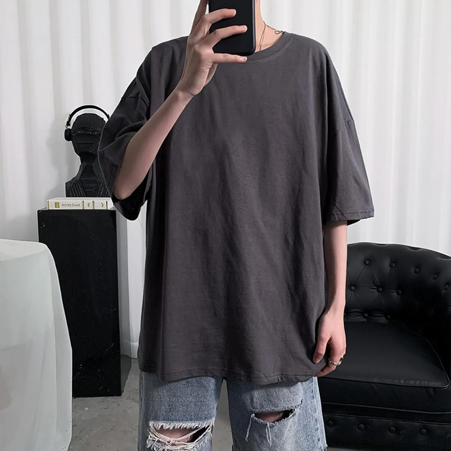 Hip Hop Mens Shirts Short Sleeve Solid Crew Neck Oversized Casual Baggy Basic Tees Streetwear Rap Summer Tops