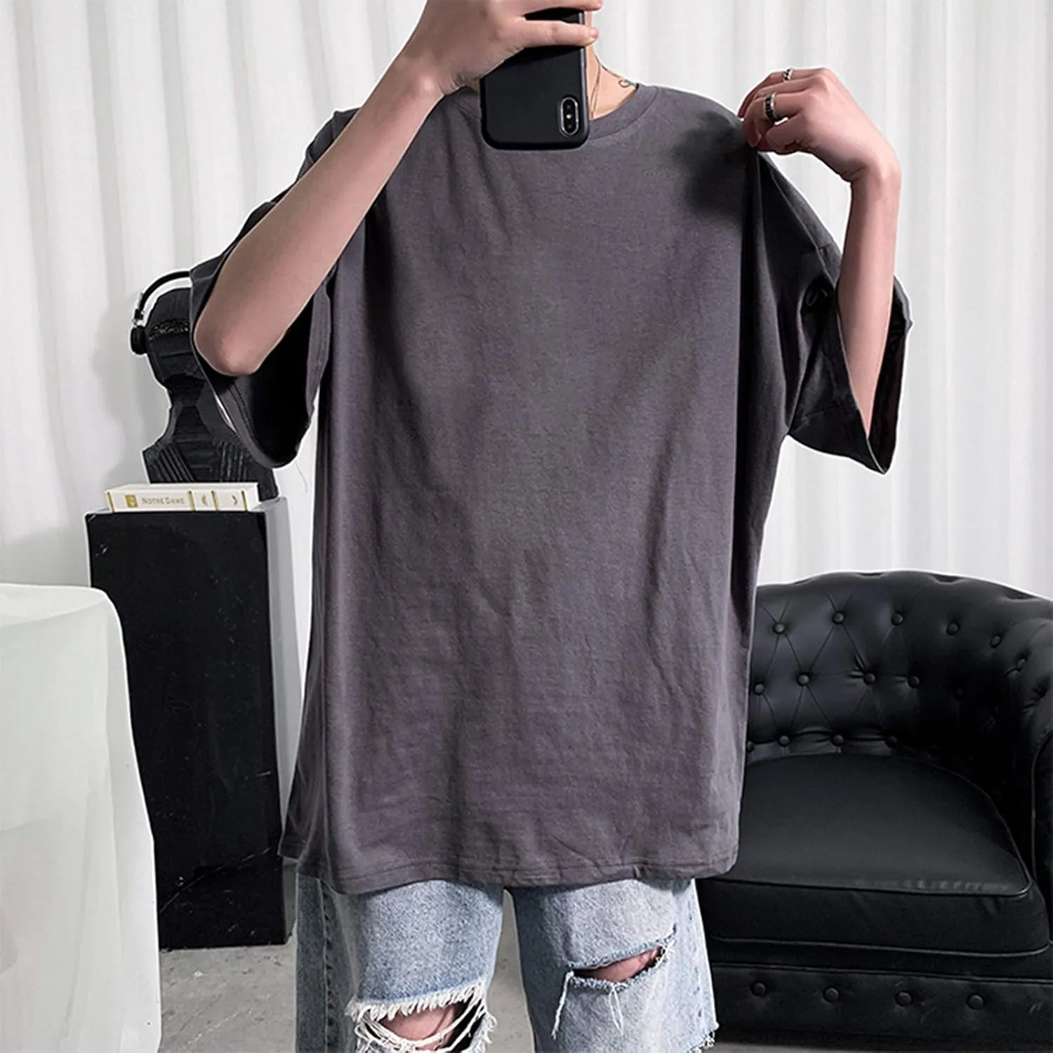 Hip Hop Mens Shirts Short Sleeve Solid Crew Neck Oversized Casual Baggy Basic Tees Streetwear Rap Summer Tops