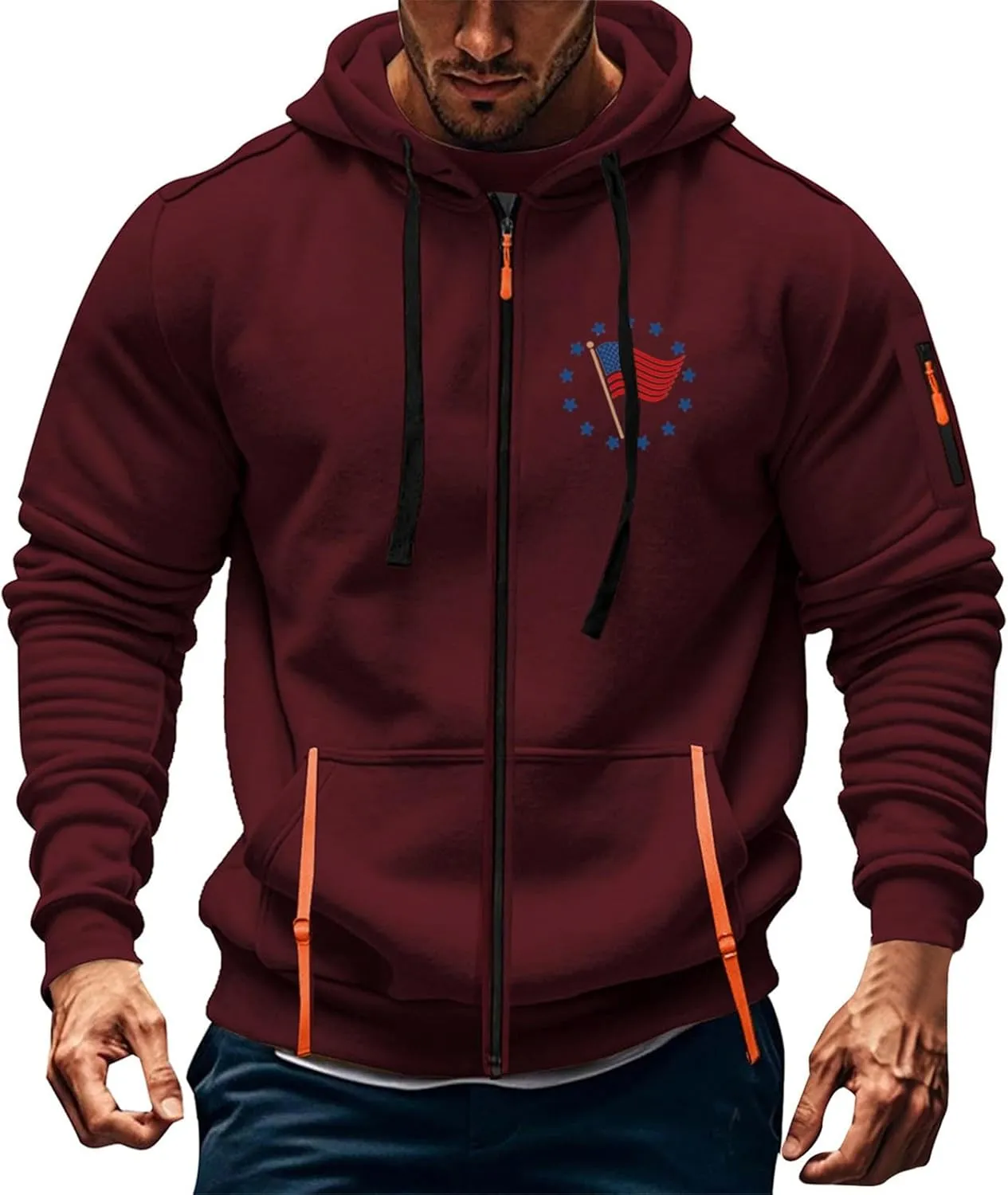 Hoodies for Men Zip up Pullover Tactical Sweatshirt Vintage American Flag Print Long Sleeve Casual Fashion Hoodie