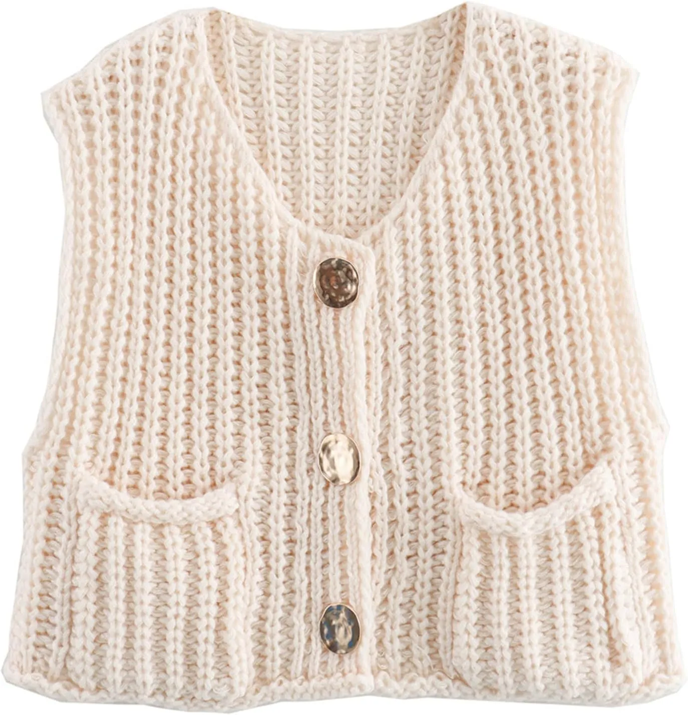 HOULENGS Women's Spring Chunky Sweater Vest 2025 Button Down Sleeveless Knit Top Fashion Cardigan Vest with Pockets