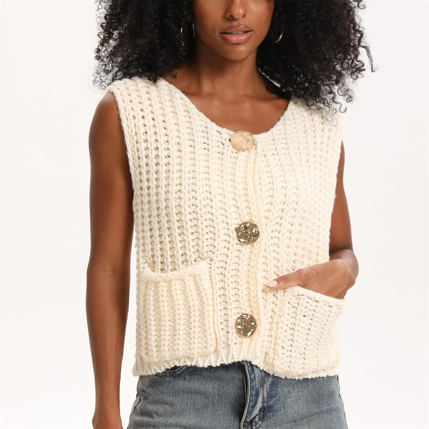 HOULENGS Women's Spring Chunky Sweater Vest 2025 Button Down Sleeveless Knit Top Fashion Cardigan Vest with Pockets