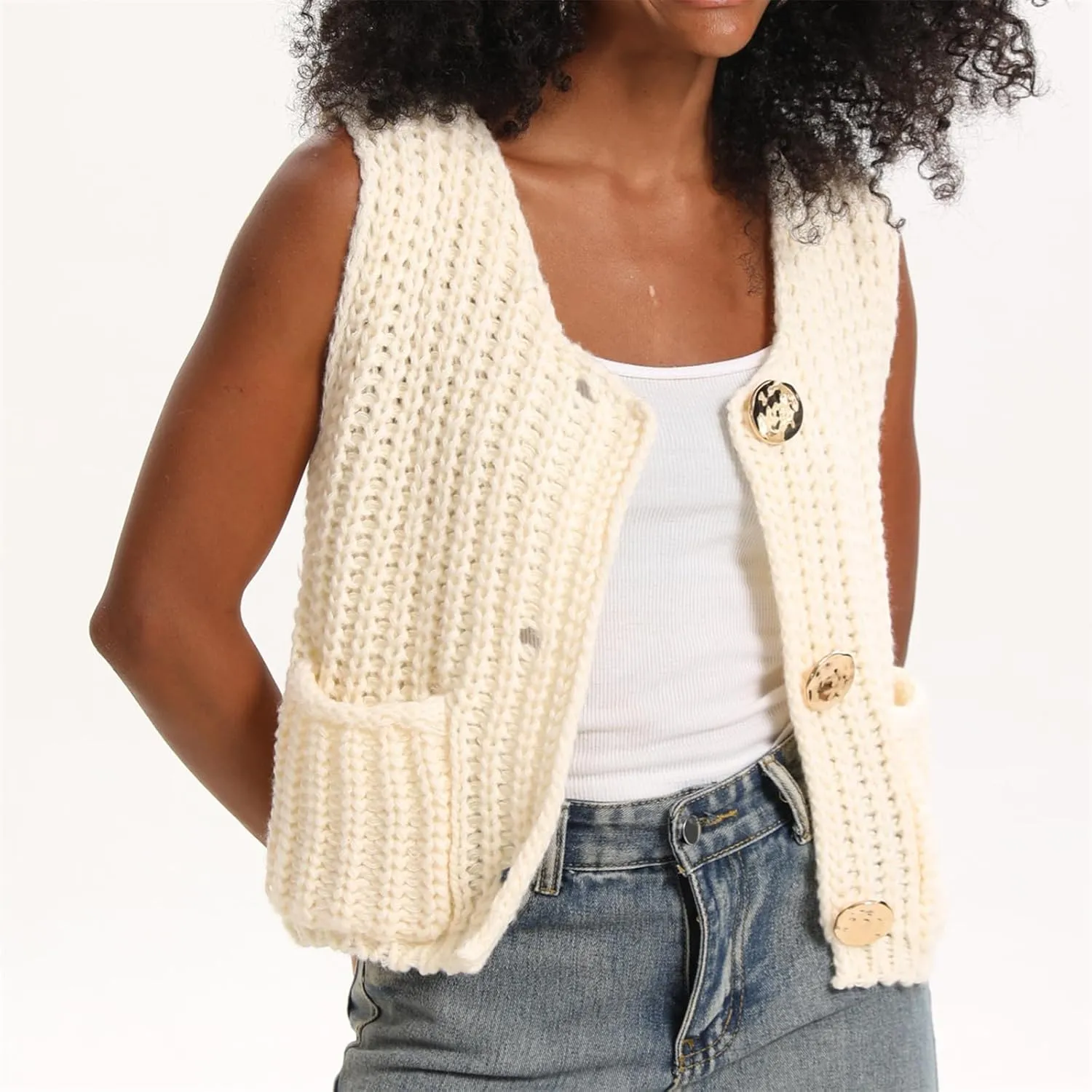 HOULENGS Women's Spring Chunky Sweater Vest 2025 Button Down Sleeveless Knit Top Fashion Cardigan Vest with Pockets